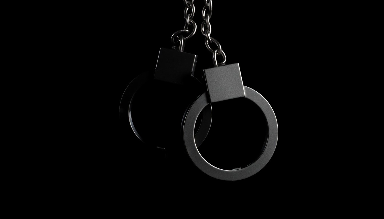 An extreme close-up photograph of a pair of metal handcuffs against a completely black background, creating a stark, investigative visual that conceptually represents the forced labor and exploitation at the center of this case.