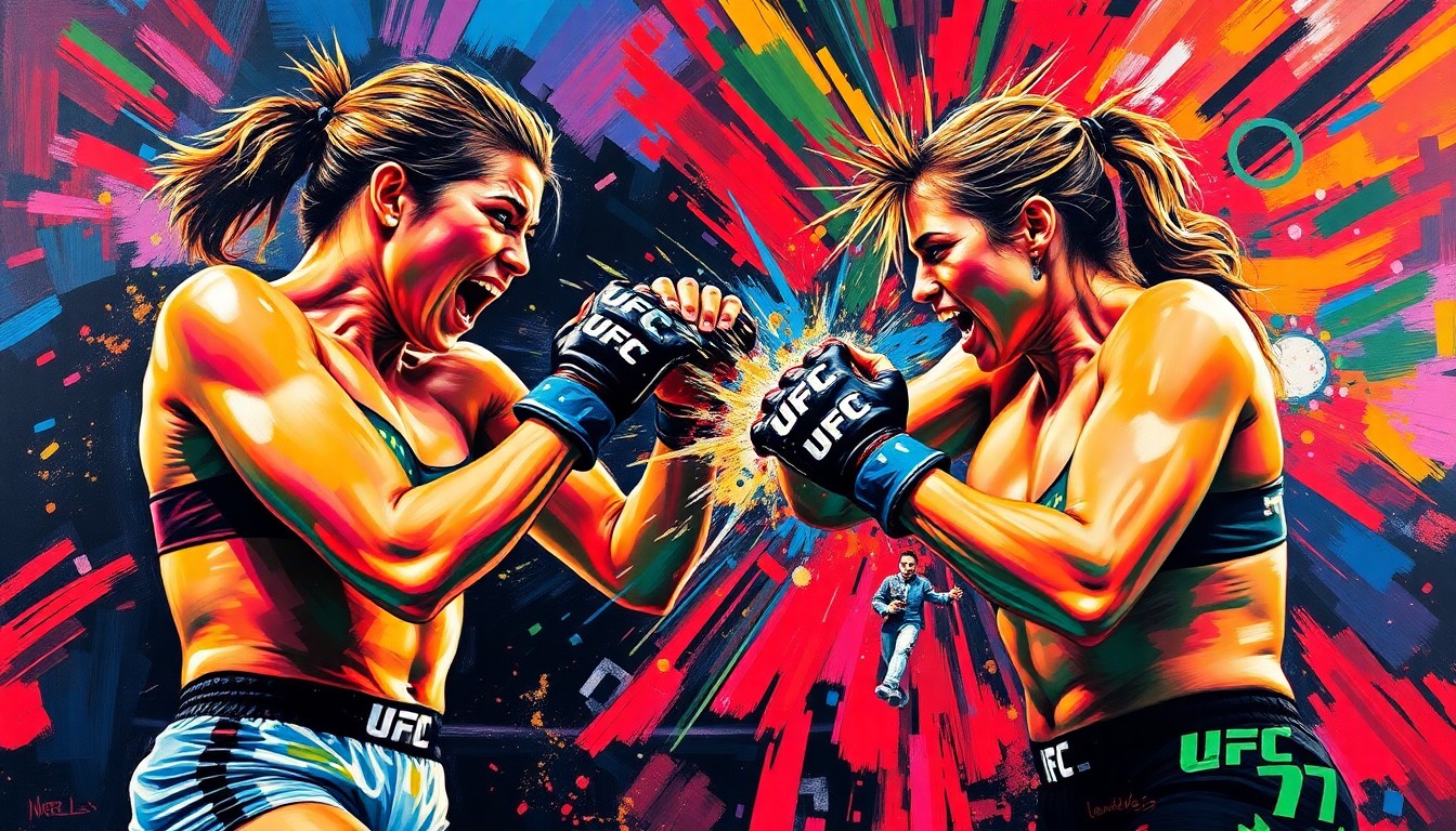 A vibrant, energetic painting using bold brushstrokes and neon colors to capture the explosive knockout finish of Alexa Grasso's victory over Maycee Barber, conceptually representing the raw power and intensity of their UFC fight.