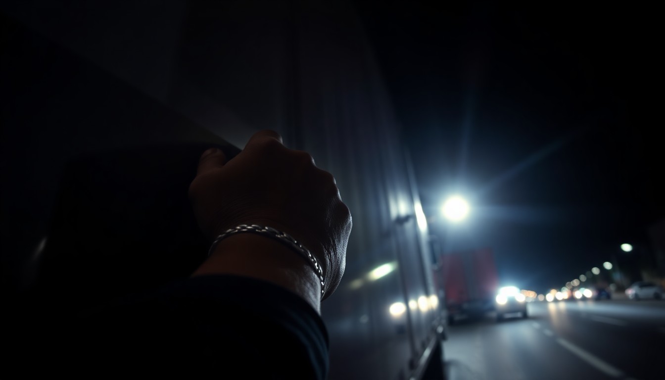 An extreme close-up photograph of a police officer's hand gripping the side of a speeding truck, the harsh flash illuminating the texture of the officer's skin and the truck's metal surface against a stark black background, conceptually illustrating the danger and intensity of the pursuit.