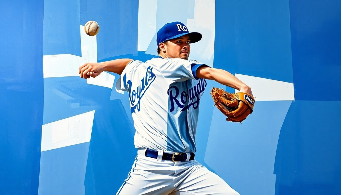 A cubist, geometric painting depicting Kris Bubic's pitching motion, with sharp, overlapping planes in Royals blue, white, and gold colors, capturing the energy and movement of the veteran lefty's performance.