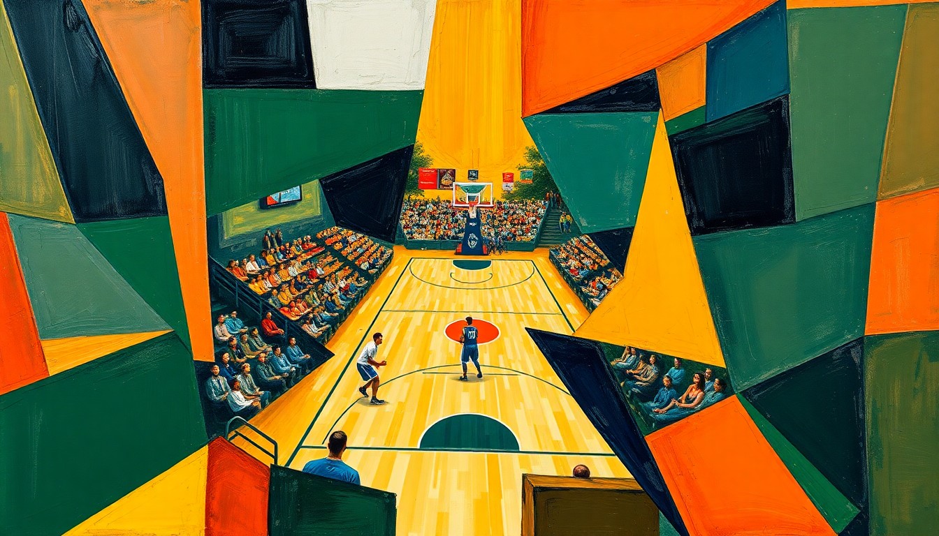 A cubist, geometric painting depicting a fragmented college basketball game, with sharp planes of green, blue, and orange overlapping to create a dynamic, abstract scene.