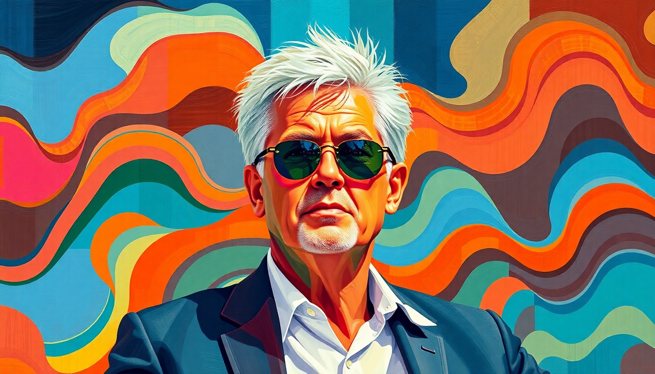 A dynamic, abstract painting featuring overlapping geometric shapes and vibrant colors, conceptually representing a politician on vacation during a government crisis.