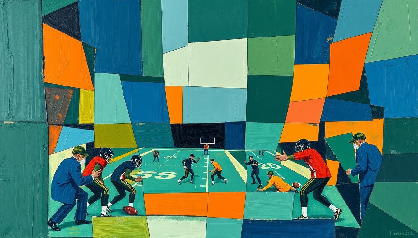 A cubist, geometric painting depicting a fragmented football field or coaching scene, with sharp planes of navy, green, and orange intersecting to create an abstract, multi-dimensional representation of the sport.