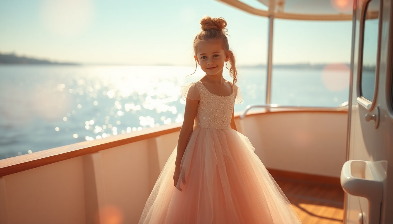 An extremely abstracted, out-of-focus photograph of a young girl in a princess dress standing on the deck of a boat, with the sparkling waters of Lake Washington in the background. Soft, warm pools of light and color create a dreamlike, magical atmosphere.