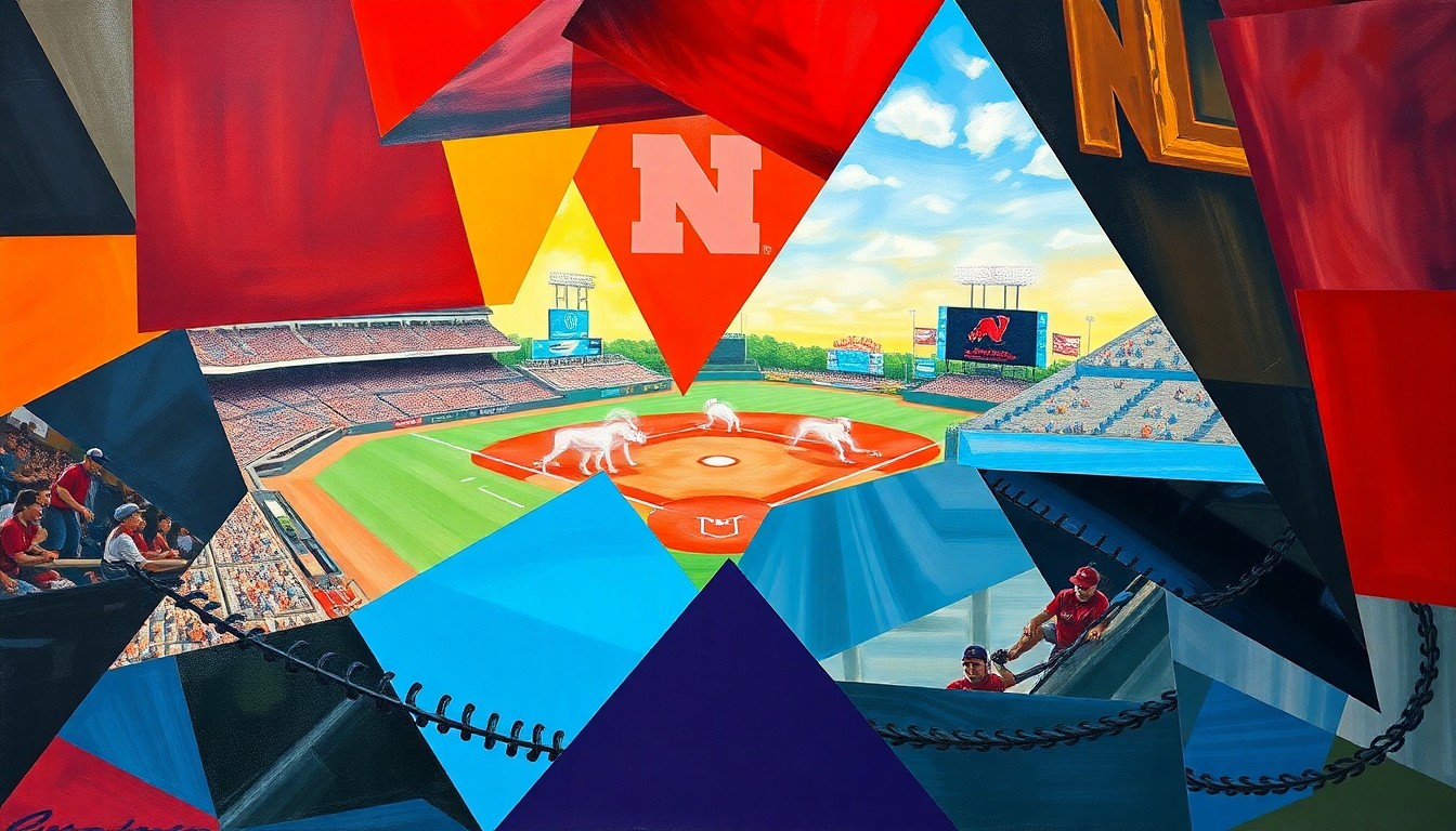 A cubist, geometric painting depicting a softball game, with overlapping planes of color and shape representing the dynamic action on the field.