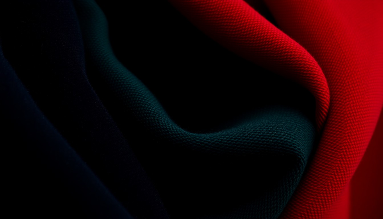 An extreme close-up photograph of luxurious, textured fabrics in deep, saturated colors, creating a high-fashion, editorial feel through dramatic lighting and abstract composition.