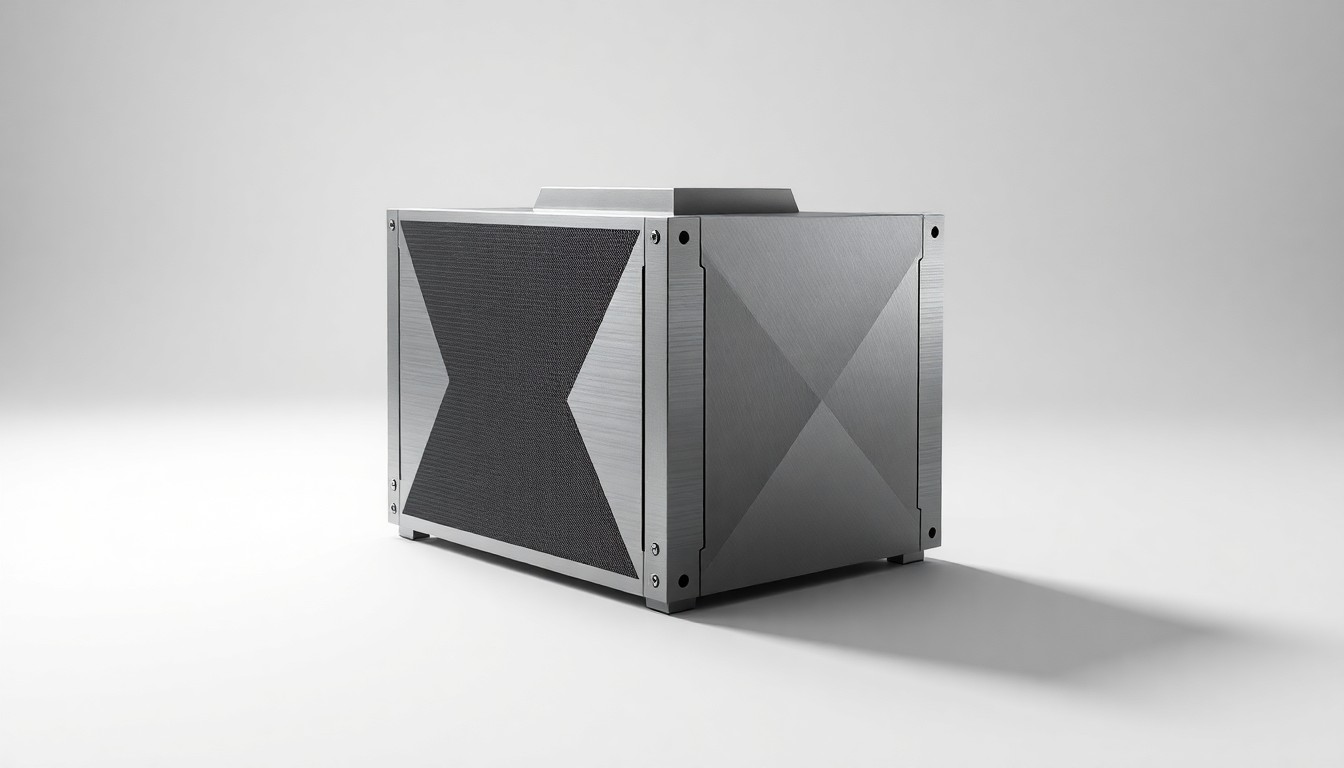 A photorealistic studio still-life image of a sleek, metallic data center cooling unit or server component, resting on a clean, monochromatic background and dramatically lit to showcase the precision and power of Vertiv's specialized infrastructure technology.