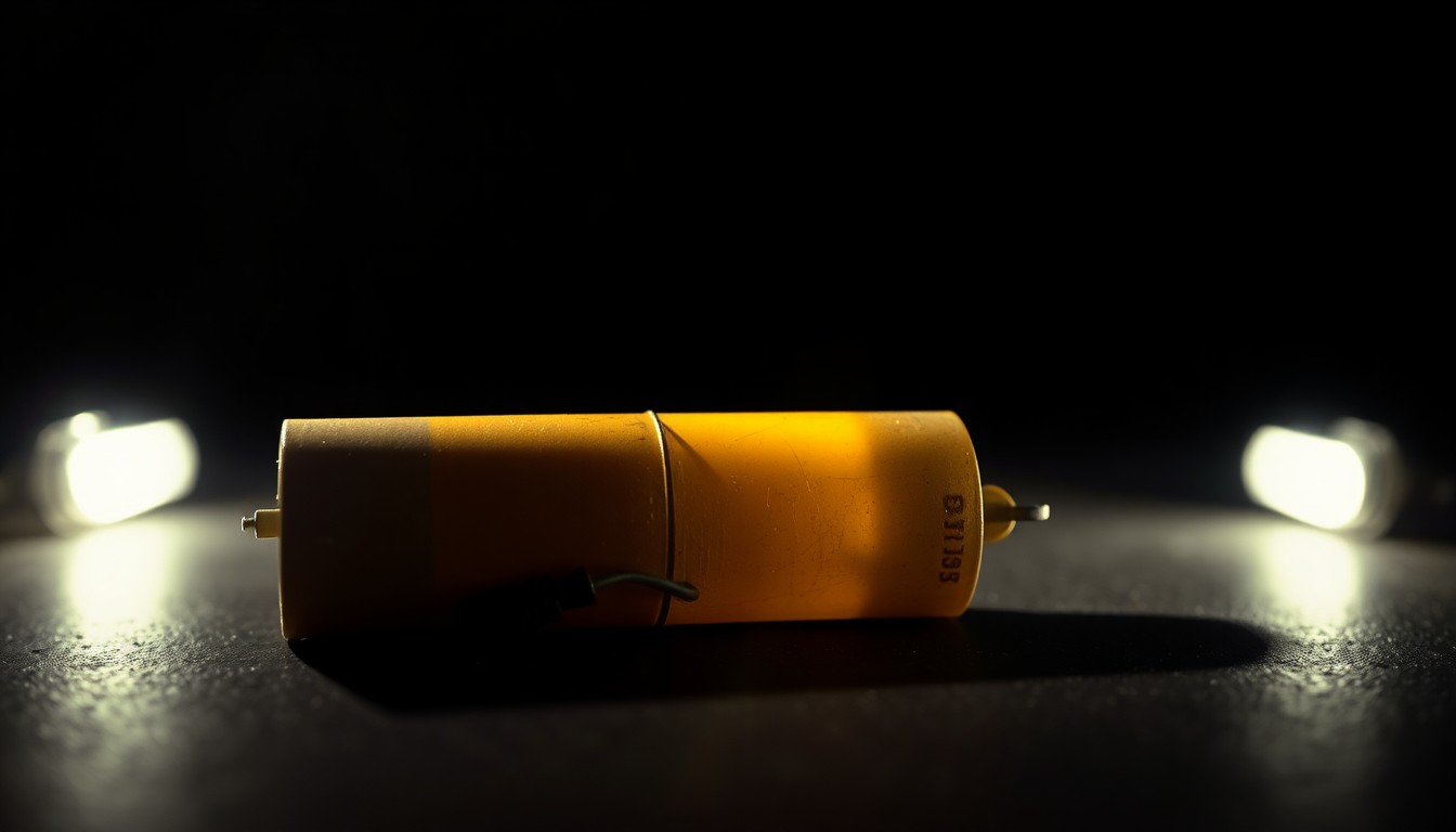 An extreme close-up photograph of a small, cylindrical object with wires and a fuse, lit by a harsh, direct camera flash against a pitch-black background, conceptually illustrating the discovery of an explosive device in a residential area.