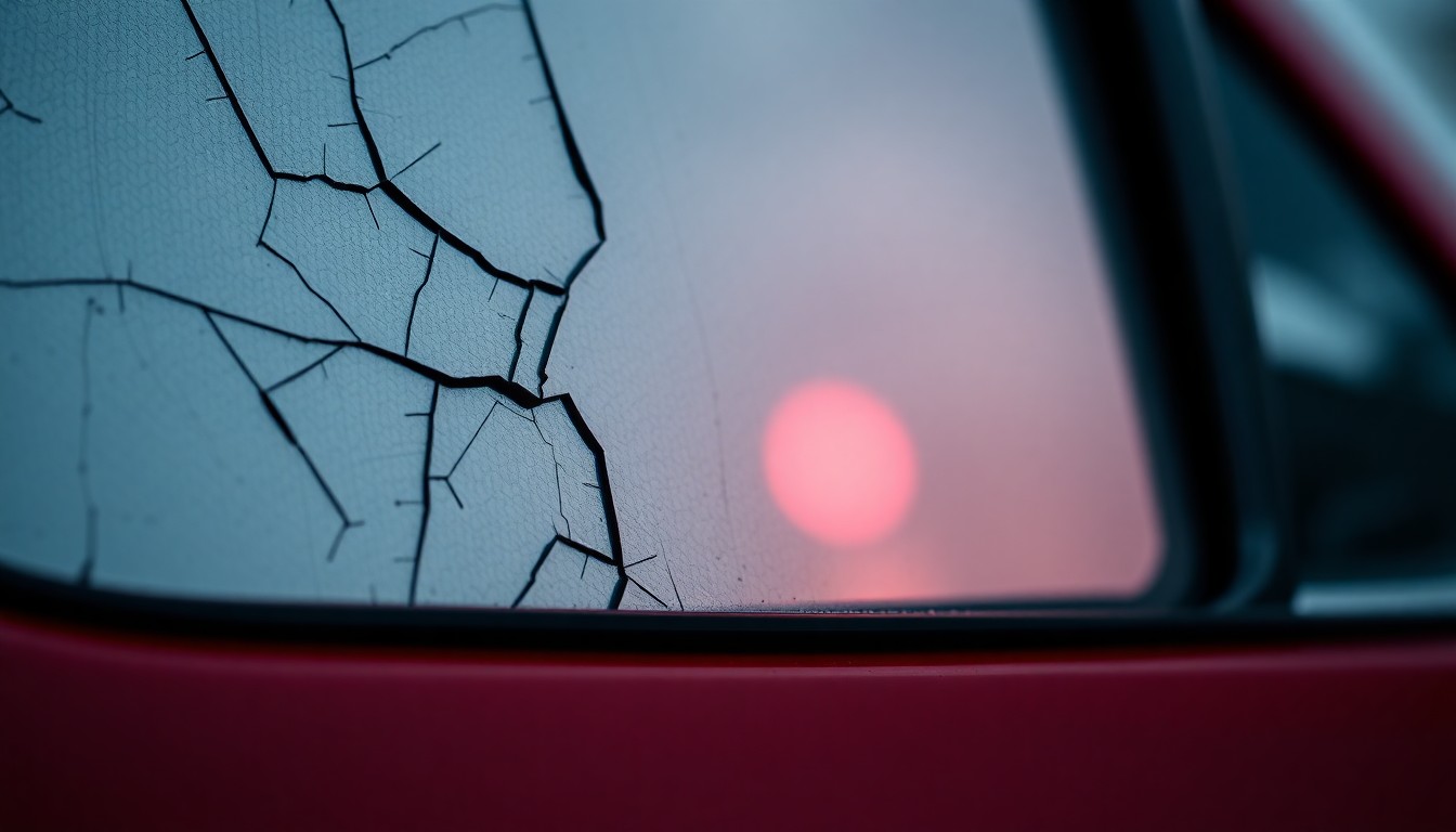 An extreme close-up photograph of a cracked and damaged car side mirror, reflecting a faint red light, conceptually illustrating the aftermath of a car crash caused by a sudden lane change.