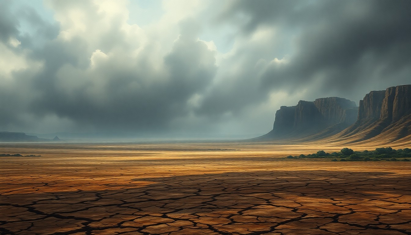 A sweeping, atmospheric landscape painting depicting a vast, cracked and parched earth under a hazy, oppressive sky, conveying the overwhelming power of nature and the melancholy of drought conditions.