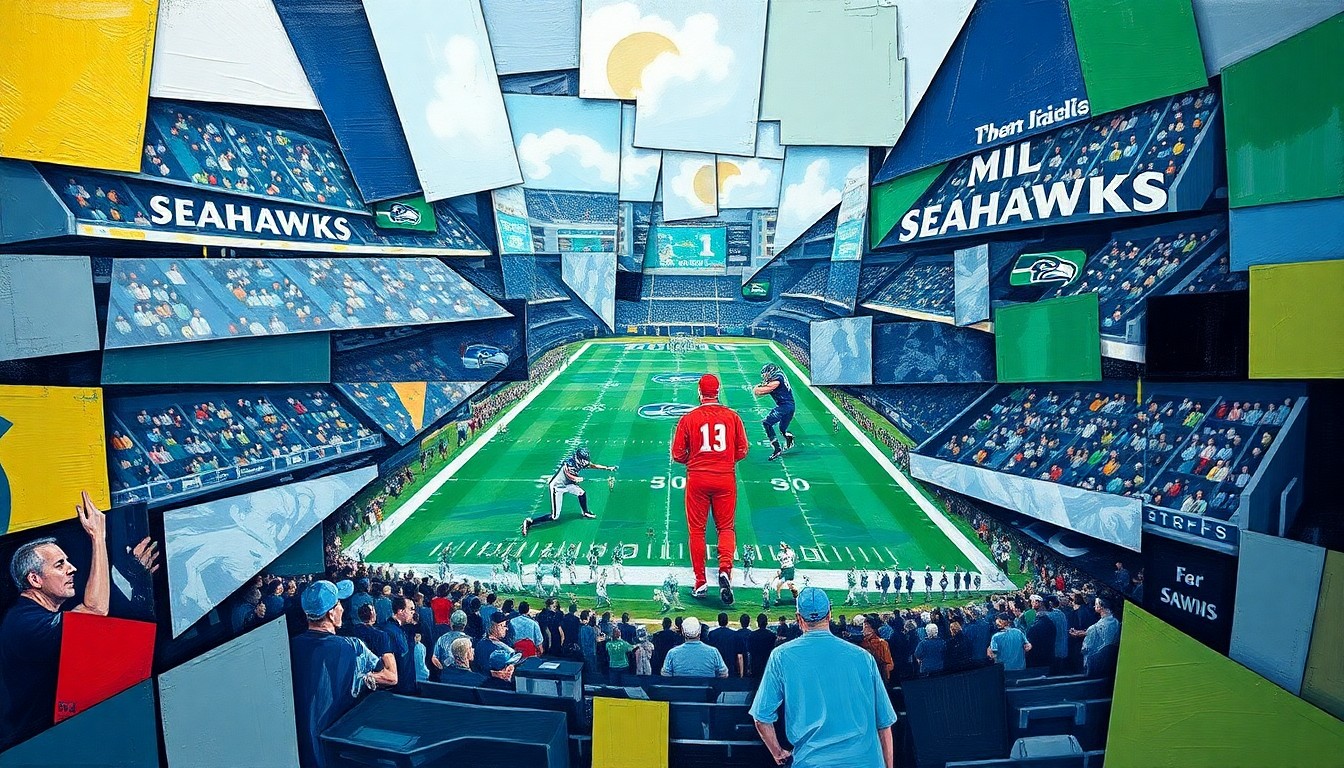 A fragmented, geometric painting depicting a Seahawks football game, with players and field elements broken down into sharp, overlapping planes of color and shape, reflecting the team's evolving roster and strategic considerations.