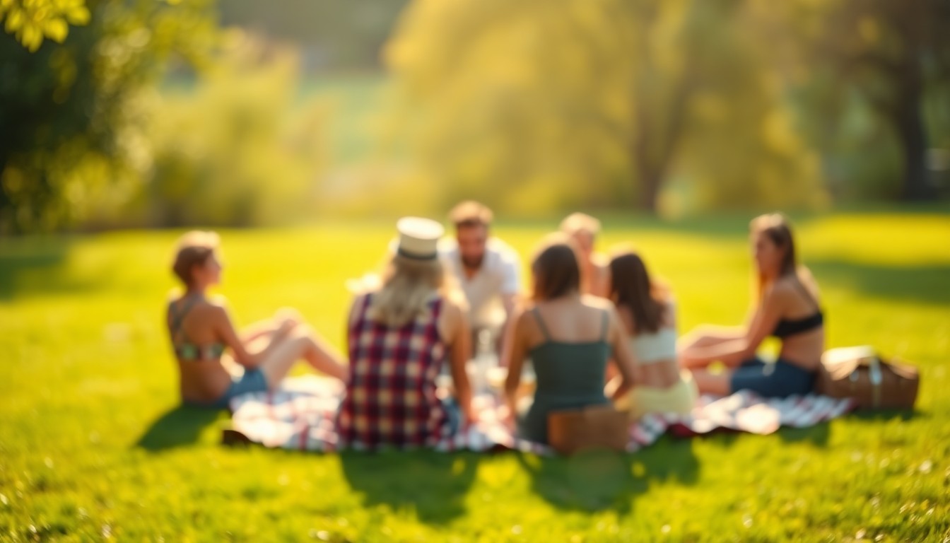 A blurred, impressionistic photograph of friends gathered on a grassy lawn, with the background softened into a warm, colorful haze, capturing the relaxed, social atmosphere of the community.
