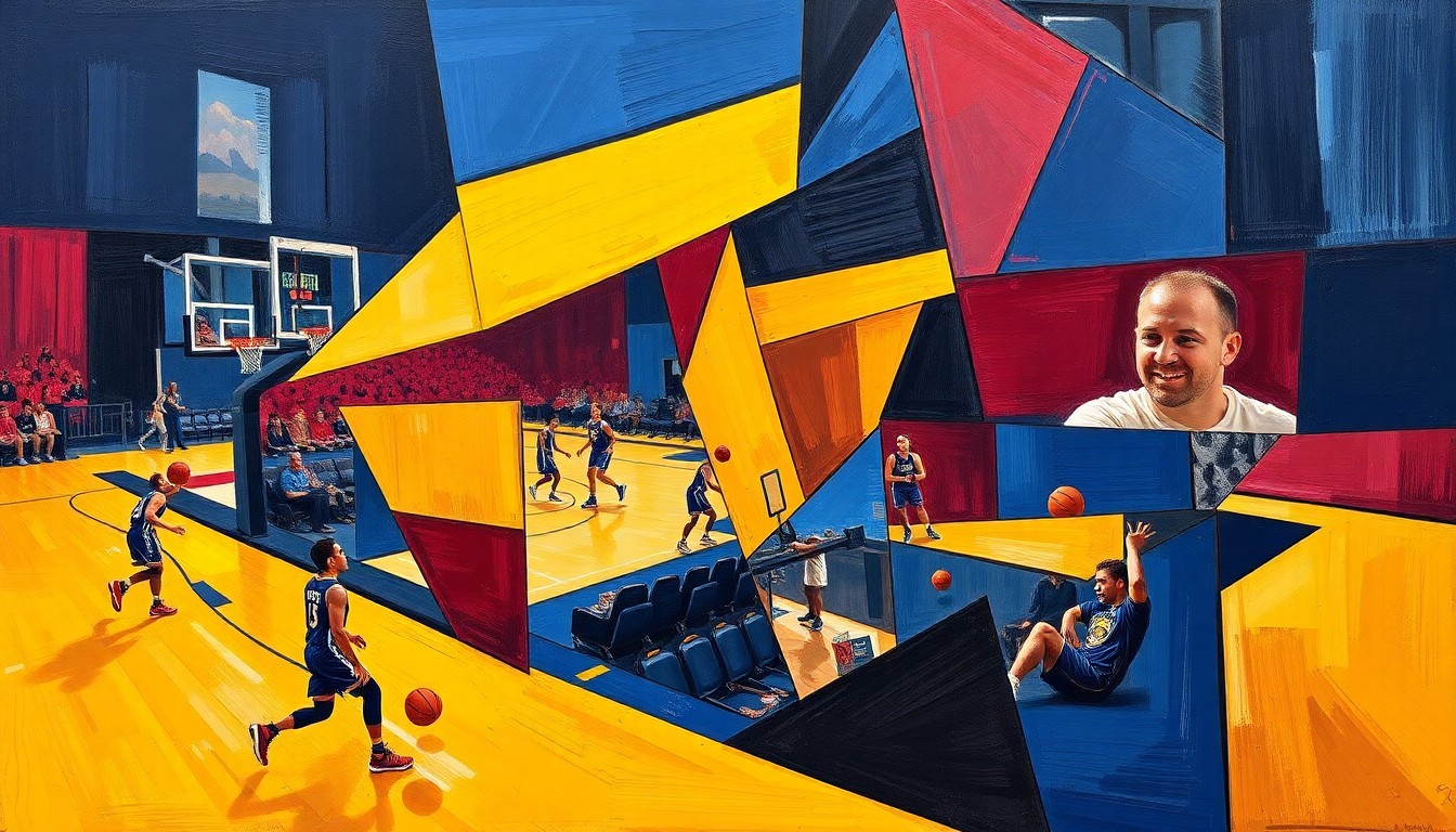 A cubist, geometric painting depicting fragmented, overlapping shapes and planes in navy blue, maroon, and gold, representing the dynamic energy and strategic planning of a basketball team.