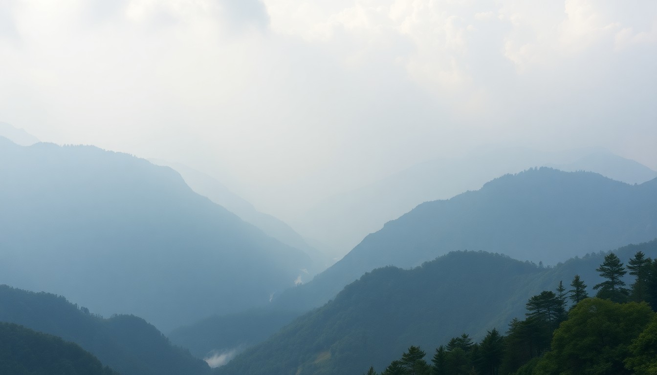 A sweeping, atmospheric landscape painting in the style of Caspar David Friedrich, depicting the vast, majestic scale of the Great Smoky Mountains National Park, with the natural environment dominating the scene and any man-made structures or trails obscured by the dramatic, hazy fog.