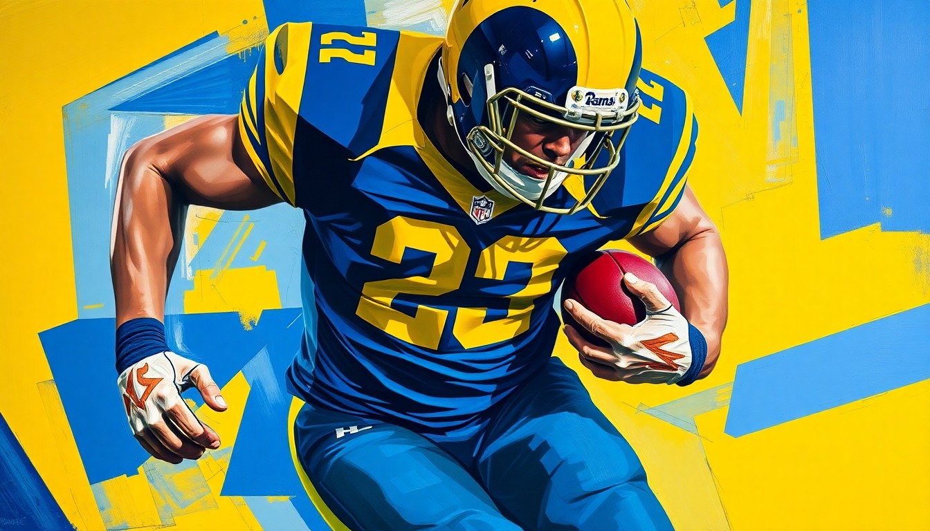 A fractured, cubist-style painting depicting a football player in motion, with sharp geometric planes in the Rams' team colors of blue, yellow, and metallic accents, conceptually representing the team's strategic decision to retain their star wide receiver.