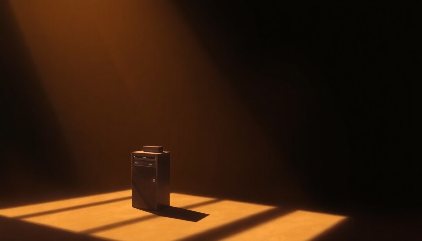 An oil painting in the style of Edward Hopper, depicting a dimly lit, solitary government building or civic structure bathed in warm, diagonal sunlight and deep shadows, conveying a sense of quiet contemplation and unease about the intersection of politics and private interests.