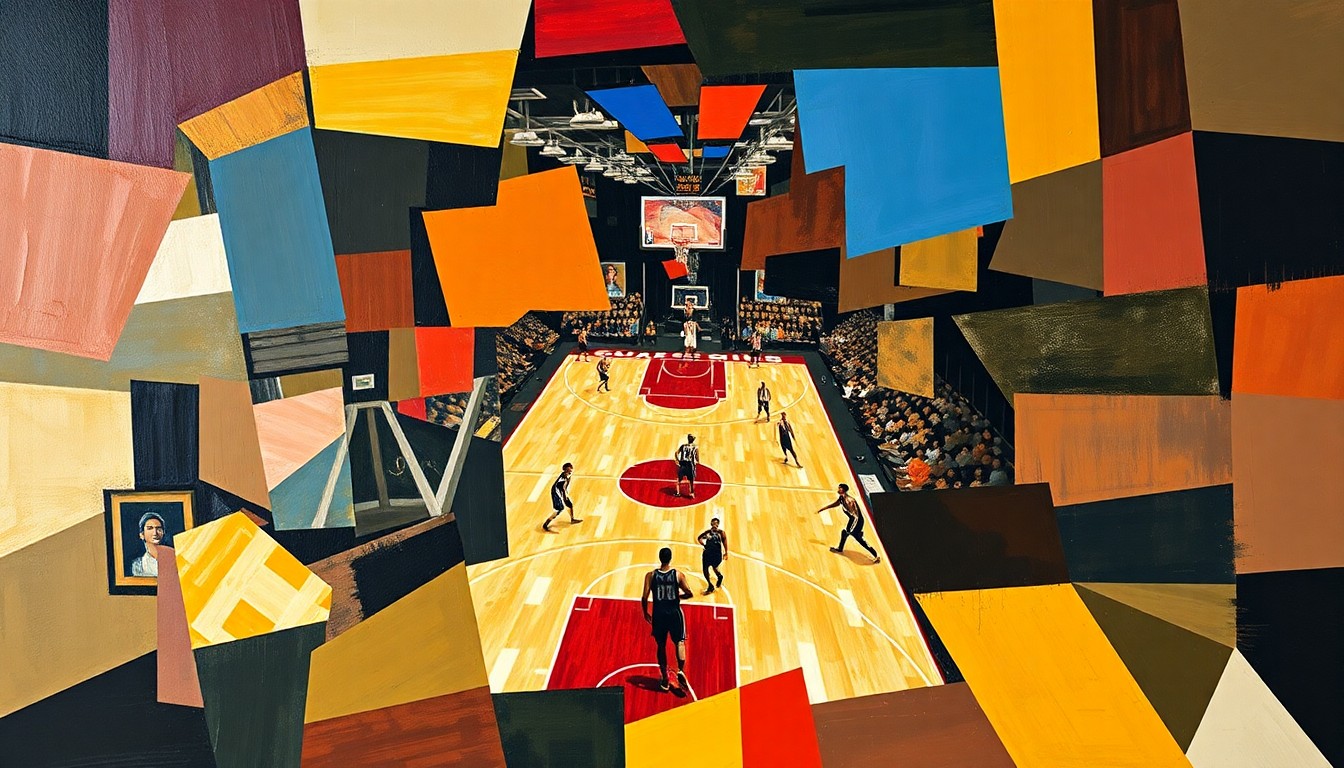 A fragmented, geometric painting depicting the action and movement of a basketball game, with sharp, overlapping planes of color and form conveying the intensity and strategy of the sport.