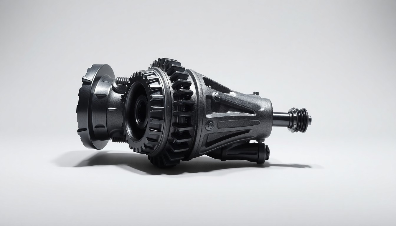 A photorealistic studio still life of a polished metal car part, such as a transmission gear or suspension component, arranged elegantly on a clean, monochromatic background with dramatic lighting and shadows, conceptually representing the abstract financial and strategic factors impacting the automotive sector.