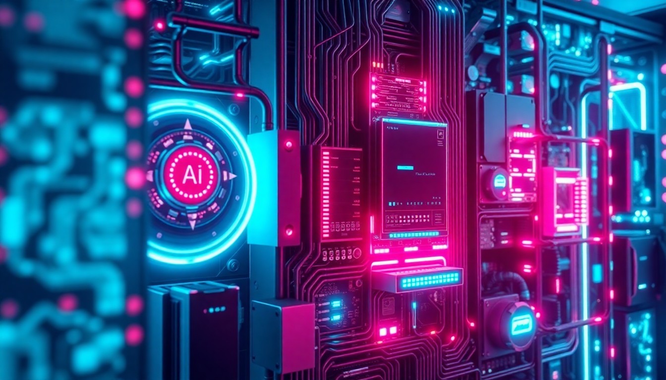 A highly detailed, glowing 3D illustration of a complex AI hardware system, with neon cyan and magenta lights illuminating the intricate circuitry and components, conceptually representing the technological sophistication and power of the AI infrastructure behind the Anthropic, Microsoft, and Nvidia partnership.