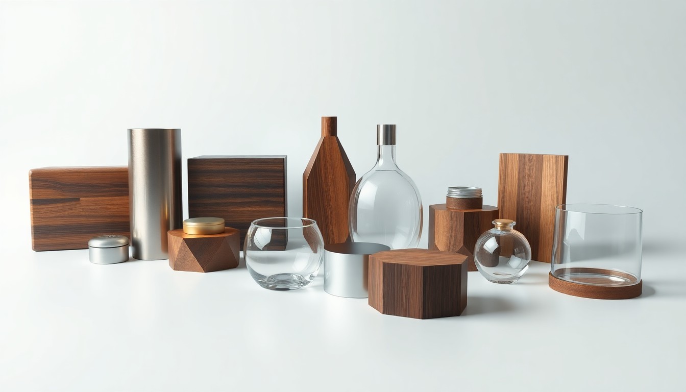 A high-end, photorealistic studio still-life photograph featuring a collection of premium, geometric objects in polished materials like metal, glass, and wood, arranged elegantly on a clean, monochromatic seamless background, conceptually representing the diverse mix of businesses now occupying the fully leased Efingers Plaza.