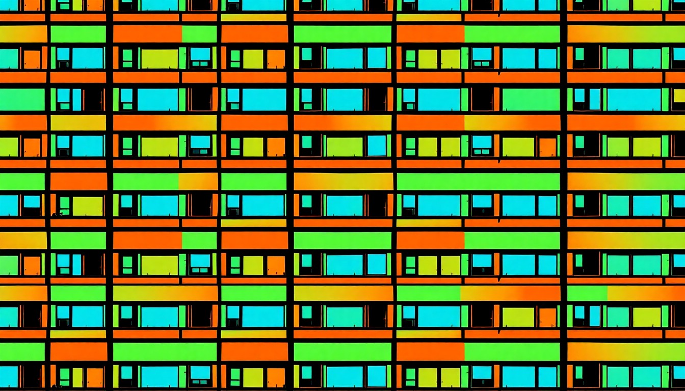 A bold, colorful silkscreen-style illustration of a community center building facade, repeated in a grid pattern with vibrant neon colors and heavy black outlines, conceptually representing the new hub of services and community space opening in Belmont Cragin.