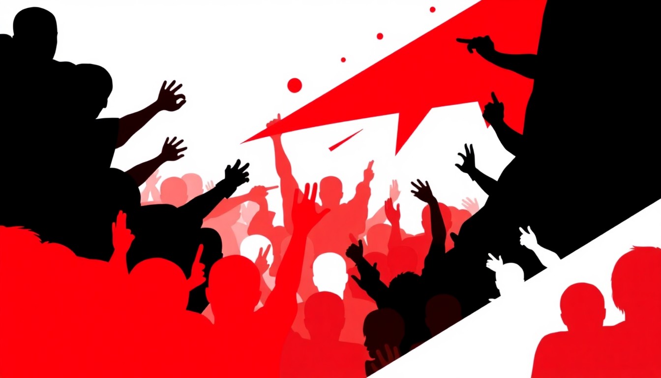 A striking abstract illustration featuring bold, geometric shapes in red, black, and white, conveying the high-energy atmosphere of a music festival.