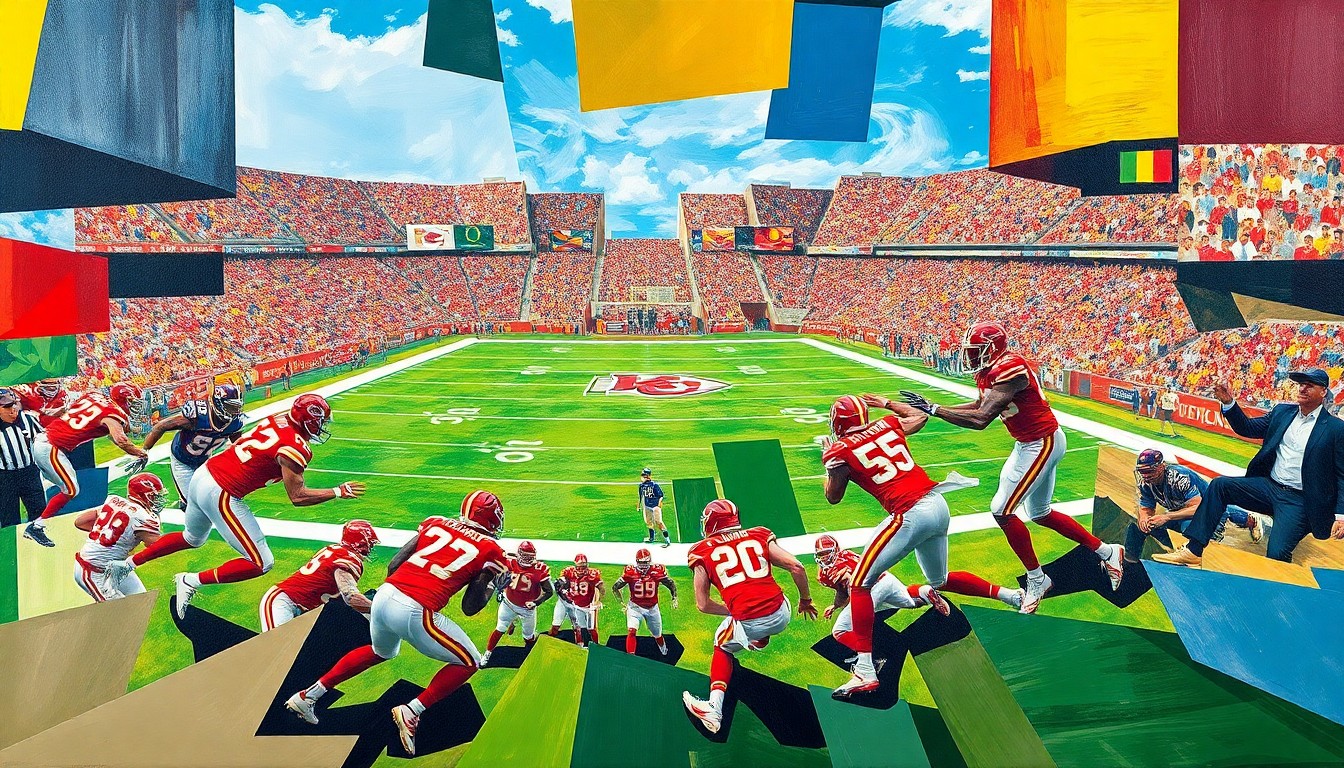 A cubist-style painting depicting a Kansas City Chiefs football game, with the players and field broken down into abstract geometric shapes and planes of color, capturing the raw energy and movement of the sport.