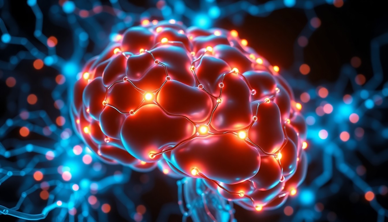 A highly detailed 3D illustration of a glowing, neon-lit neural network with pulsing nodes and interconnected pathways, conceptually representing the neurological effects of digital technology on the adolescent brain.