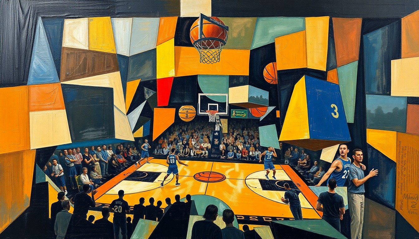 A cubist, geometric painting depicting fragmented, overlapping shapes and planes that abstractly represent a basketball game or match, conveying the complex emotions and high-pressure nature of Will Wade's return to coach LSU basketball.