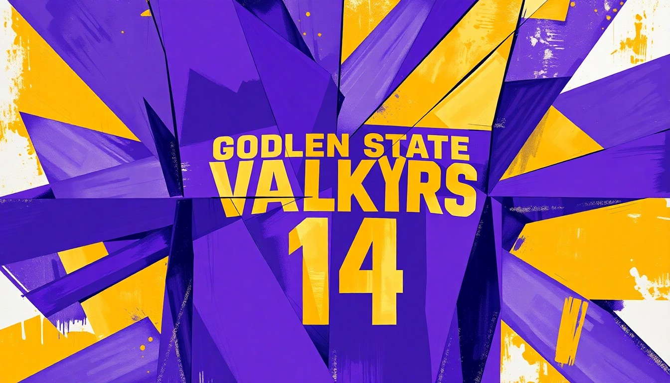 A fragmented, cubist-style painting depicting the new Golden State Valkyries 'Explorer Edition' jersey, with sharp geometric planes in shades of violet, gold, and gray representing the jersey's modern, powerful design.