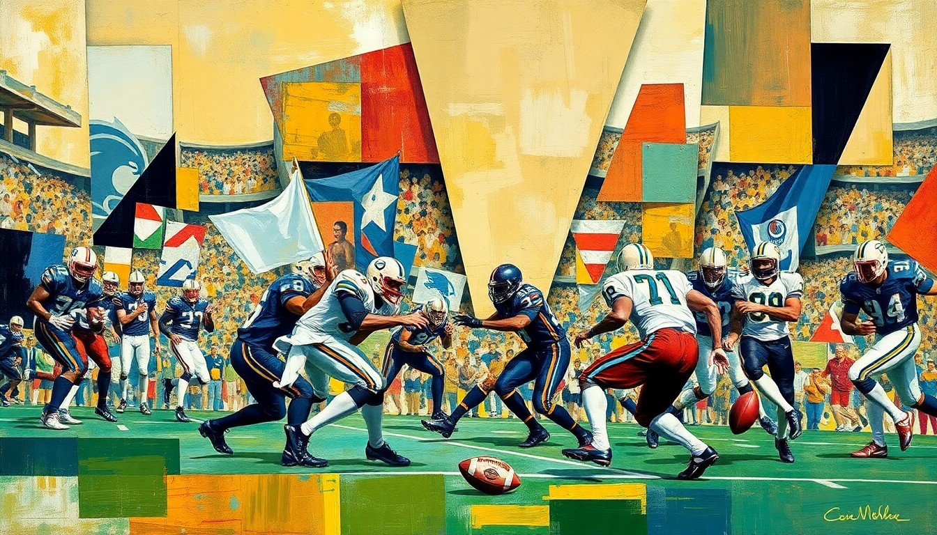 A cubist, geometric painting depicting fragmented football players and a field, conveying the conceptual idea of a team in transition and rebuilding.