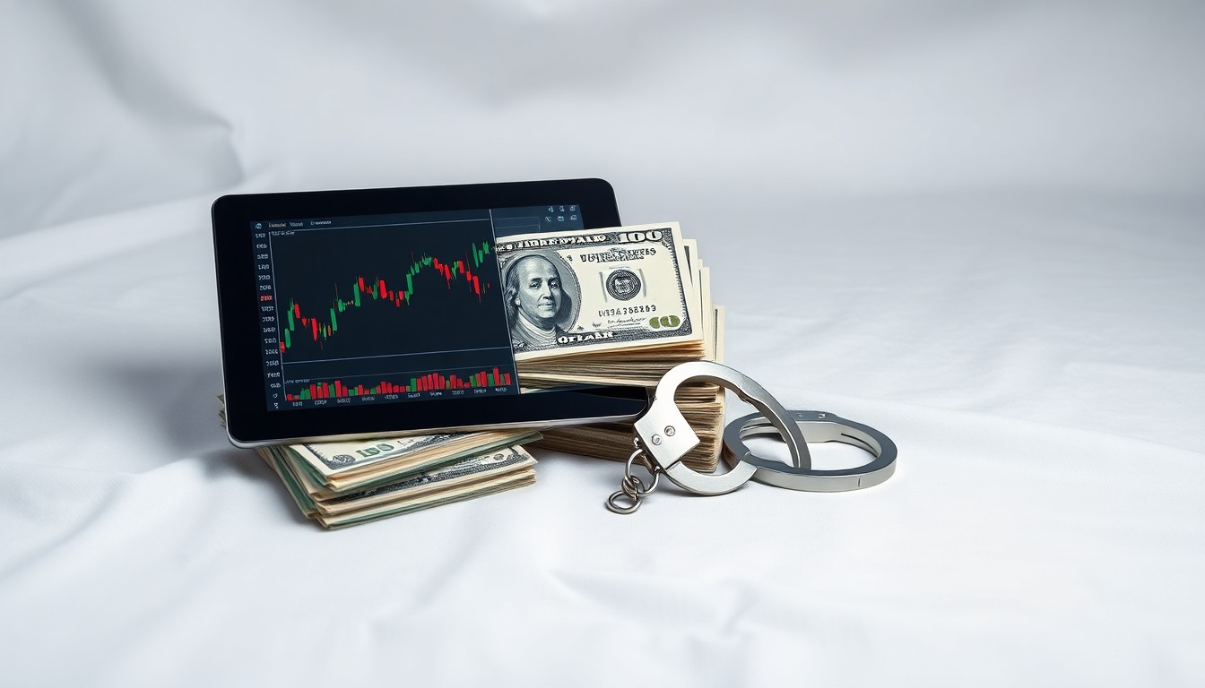 A photorealistic studio still life featuring a stack of U.S. dollar bills, a digital tablet displaying a stock chart, and a pair of handcuffs, symbolizing the complex issues of financial markets, insider trading, and regulatory oversight.