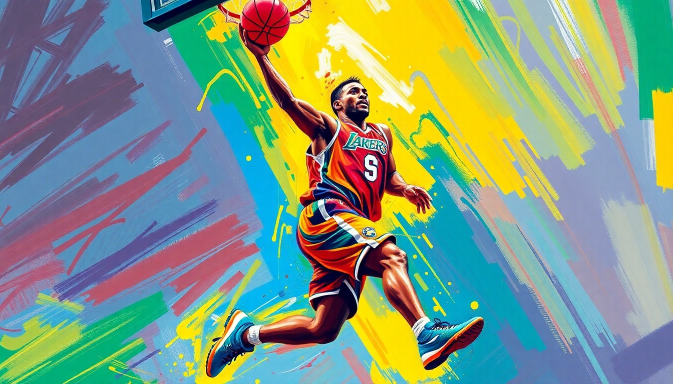 An abstract, expressionist painting in neon colors depicting the dynamic movement and energy of a basketball player driving to the hoop, conveying the excitement of Anthony Edwards' return to the Minnesota Timberwolves lineup.
