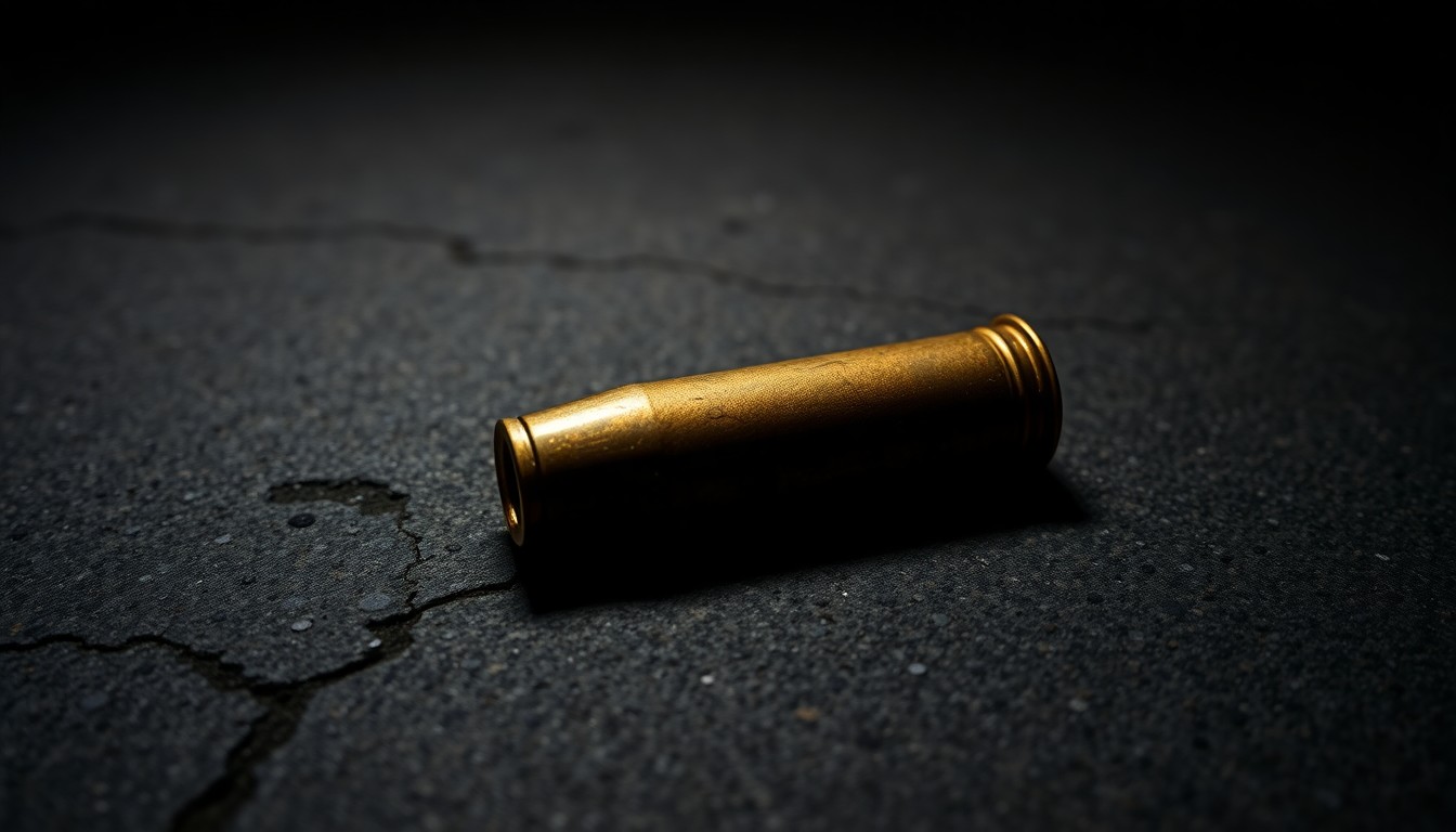 An extreme close-up photograph of a single spent shell casing on a dark concrete surface, conveying the sudden, violent nature of the LaGrange apartment shooting incident through its stark, investigative aesthetic.