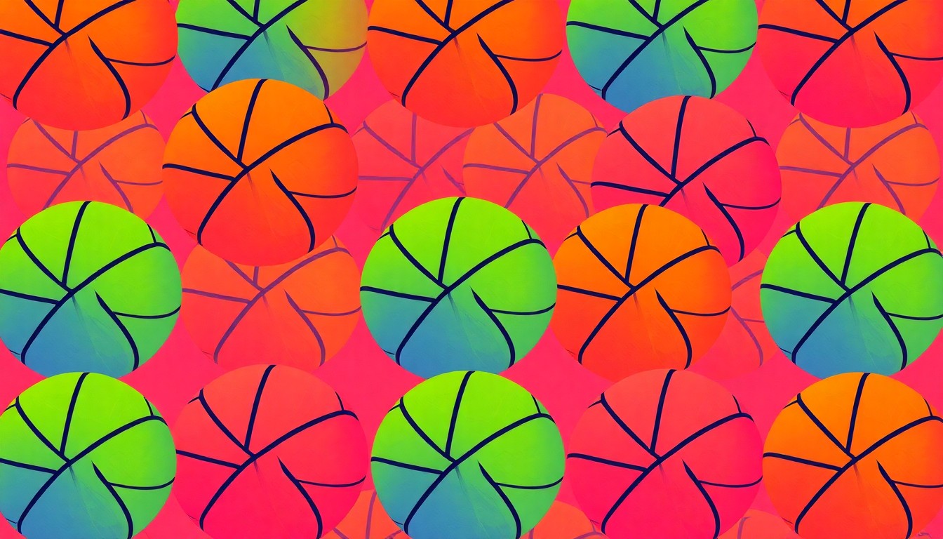 A bold, colorful silkscreen-style illustration featuring a repeating pattern of a basketball, conceptually representing the ongoing debate over extracurricular access for homeschooled students.