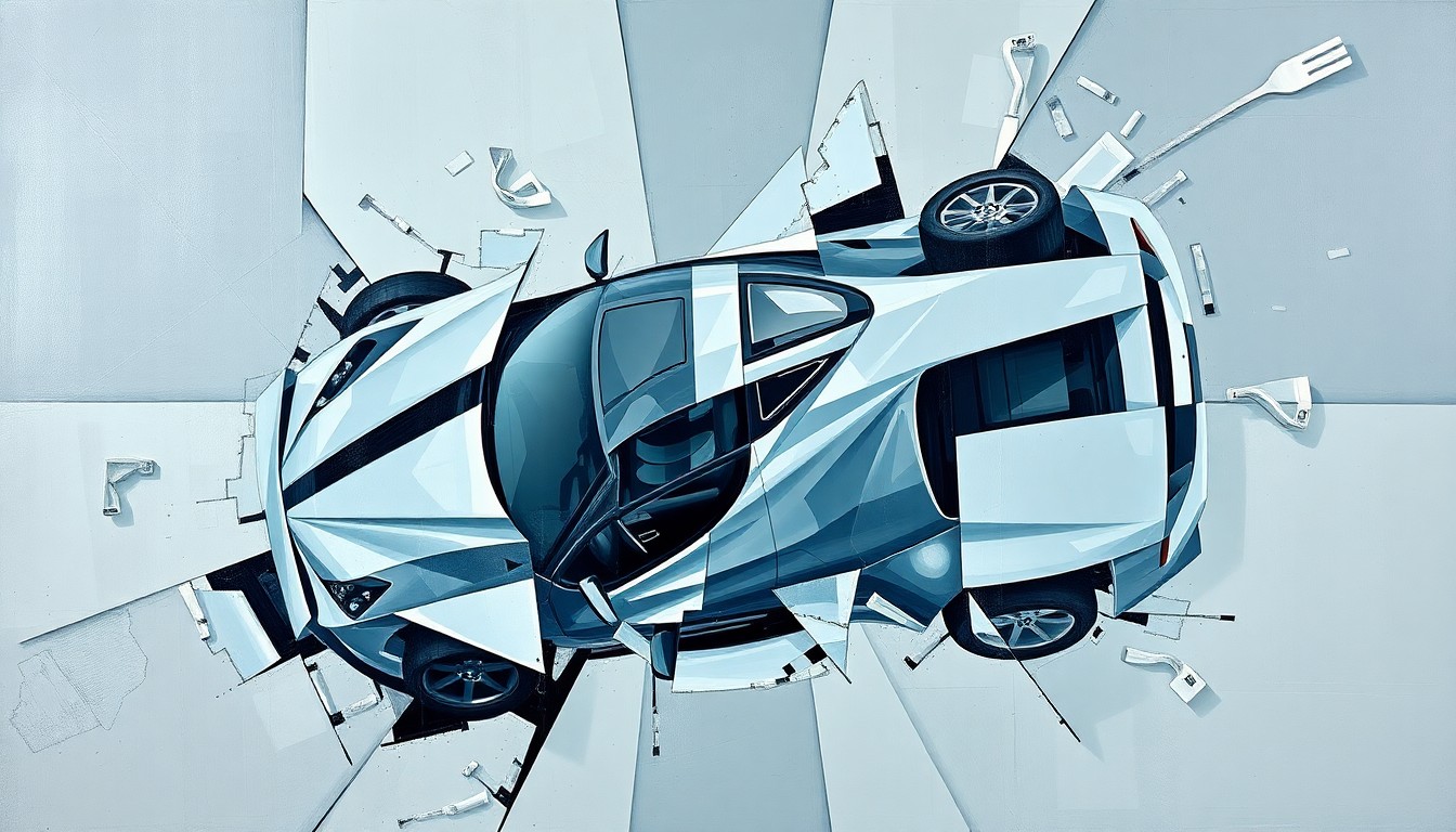 A fractured, geometric painting depicting the aftermath of a single-vehicle crash, with sharp planes of color and overlapping perspectives conveying a sense of chaos and uncertainty.