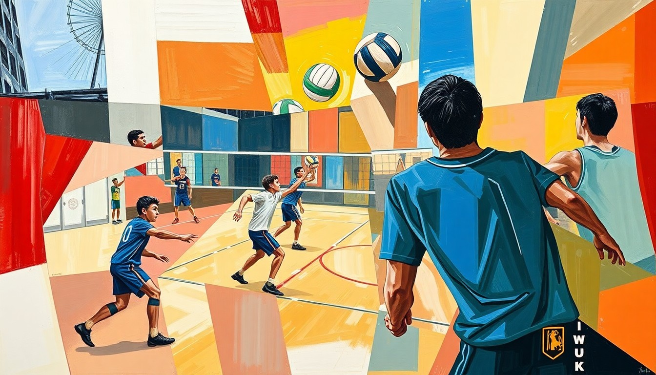 A vibrant, cubist-style painting depicting a boys volleyball match, with the players and court broken down into sharp, overlapping geometric shapes and planes of color.