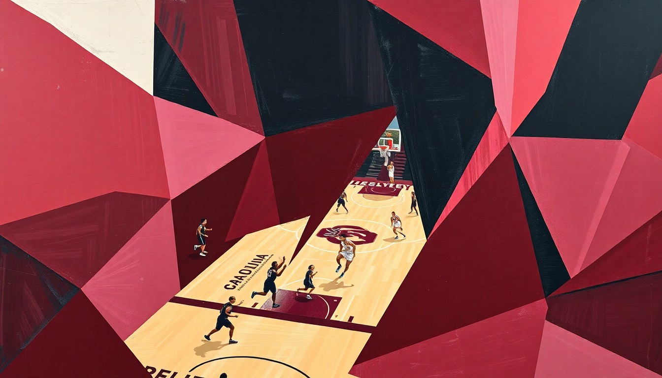 A cubist, geometric painting depicting a women's basketball game, with sharp, overlapping planes of garnet and black colors representing the South Carolina Gamecocks.
