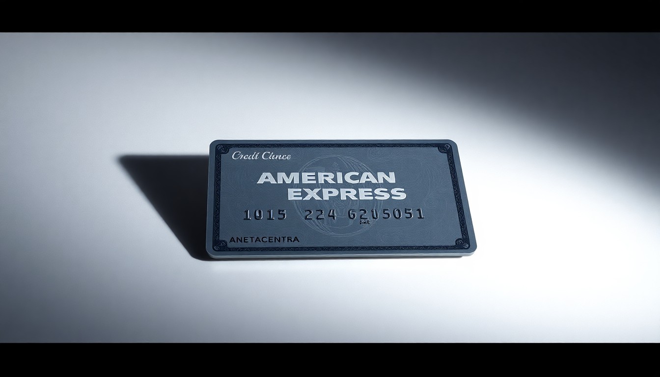 A close-up photograph of a shiny, metallic American Express credit card resting on a pristine white background, with dramatic shadows highlighting the premium design and symbolizing the prestige of this exclusive partnership.