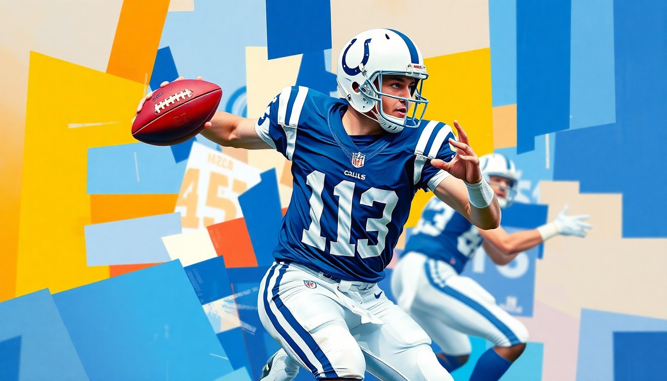 A cubist, geometric painting depicting a football quarterback in motion, with sharp, overlapping planes of blue and white colors representing the Colts' uniform.