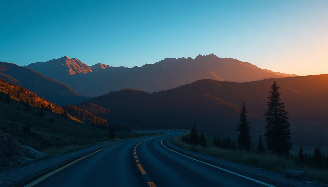 A serene, painterly landscape depicting an empty mountain road winding through the Estes Park area, with warm sunlight and deep shadows creating a cinematic, nostalgic mood.