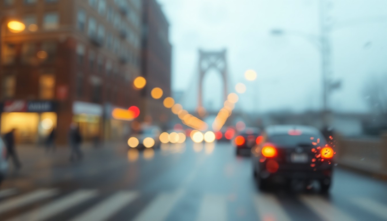 An abstract, out-of-focus photograph of a city street with a bridge in the distance, the lights of passing cars creating soft, warm pools of color and light, conceptually representing the hazy uncertainty surrounding the upcoming bridge closure.