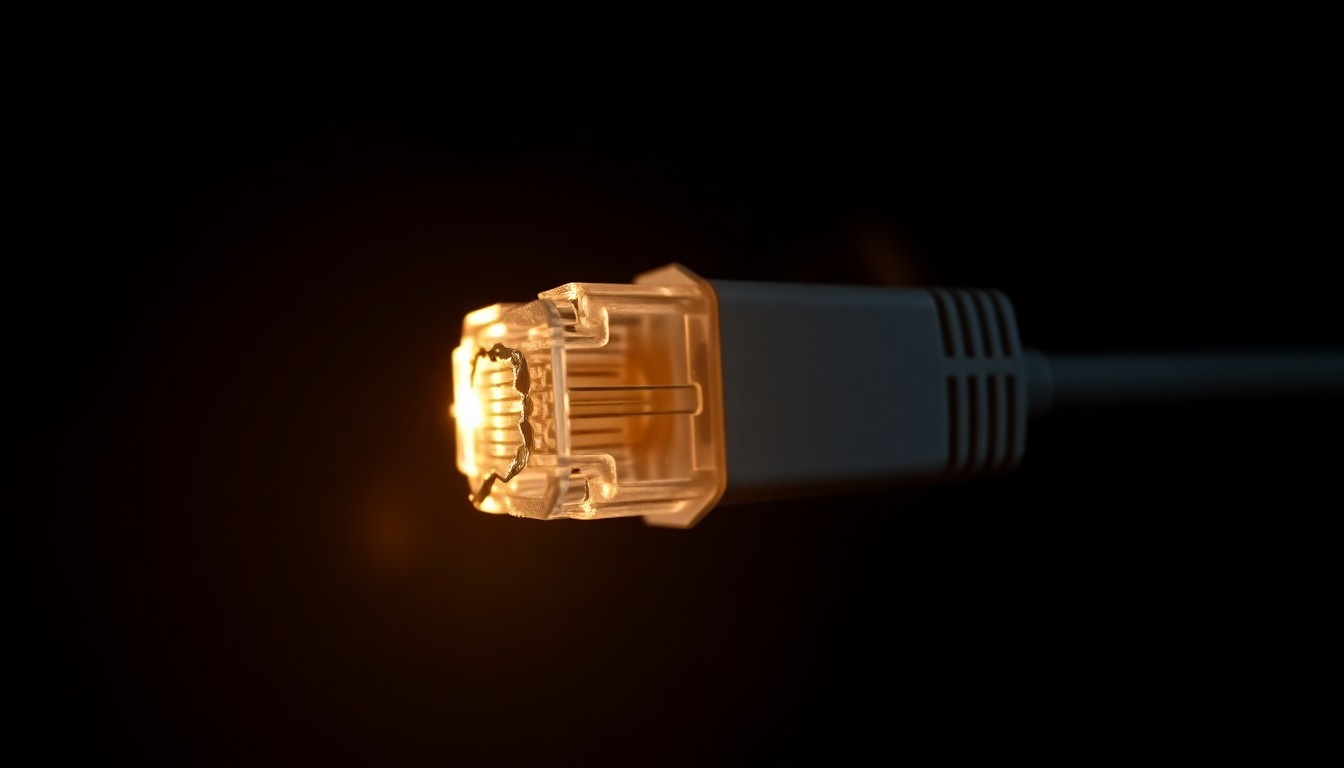 An extreme close-up photograph of a damaged broadband cable connector or network device, the harsh flash illuminating the textured surface and creating dramatic shadows against the dark background, conceptually representing the fraud and mismanagement uncovered in a tribal broadband project.