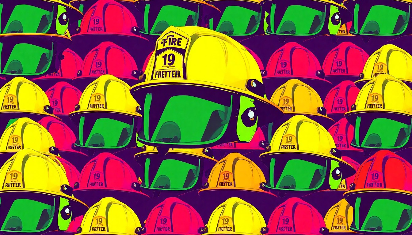 A highly stylized, pop art-inspired illustration featuring a repeating pattern of a firefighter's helmet in bold, neon colors, capturing the spirit of community and service that defines the Firefighter of the Year award.