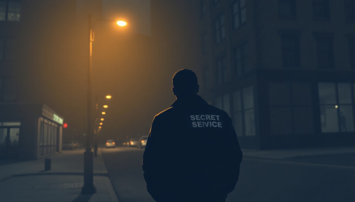 A moody, cinematic painting of a lone Secret Service agent standing on a dimly lit urban street, the only light coming from a flickering streetlamp casting long shadows, representing the anonymous, behind-the-scenes work of protecting political figures.