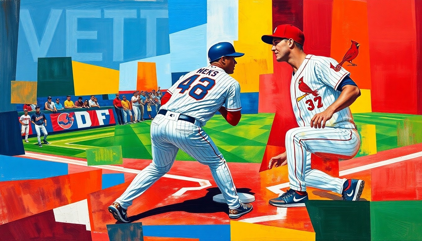 A fragmented, geometric painting depicting a baseball player at first base, with sharp, overlapping planes of color representing the Mets and Cardinals uniforms. The image captures the dynamic motion and energy of the sport in a cubist style.
