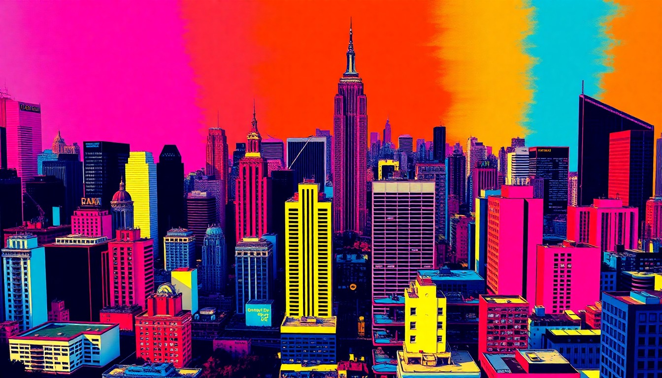 A vibrant, silkscreen-style illustration of a city skyline, with skyscrapers and infrastructure repeated in a grid pattern using bold, neon colors and heavy black outlines, conceptually representing the city's comprehensive planning process.
