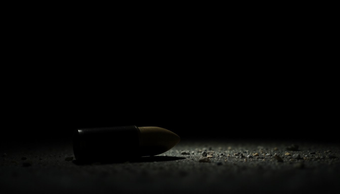 An extreme close-up photograph of a single spent shell casing on the ground, reflecting a harsh, direct camera flash and creating a stark, gritty, investigative aesthetic that conceptually represents the violence of a shooting incident.