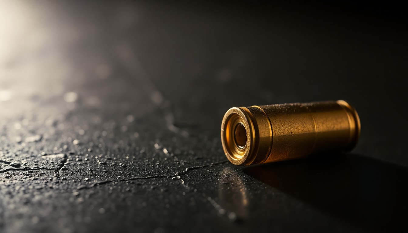 An extreme close-up of a shiny, metallic bullet casing resting on a rough, dark surface, dramatically lit by a harsh camera flash to create a stark, investigative aesthetic.