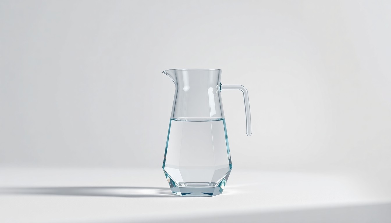 A high-end, photorealistic studio still-life photograph featuring a polished, geometric water pitcher made of stainless steel or glass, set against a clean, monochromatic background and illuminated by dramatic studio lighting, conceptually representing BLUE Missions' work in providing clean water access and inspiring youth leadership.